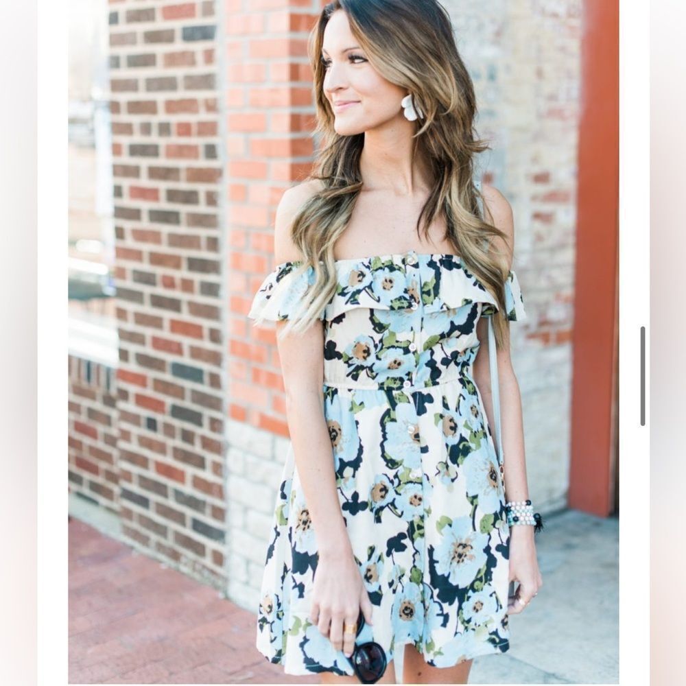 J.O.A. Tan Black Blue Floral Ruffle Off Shoulder Button Up Mini Dress